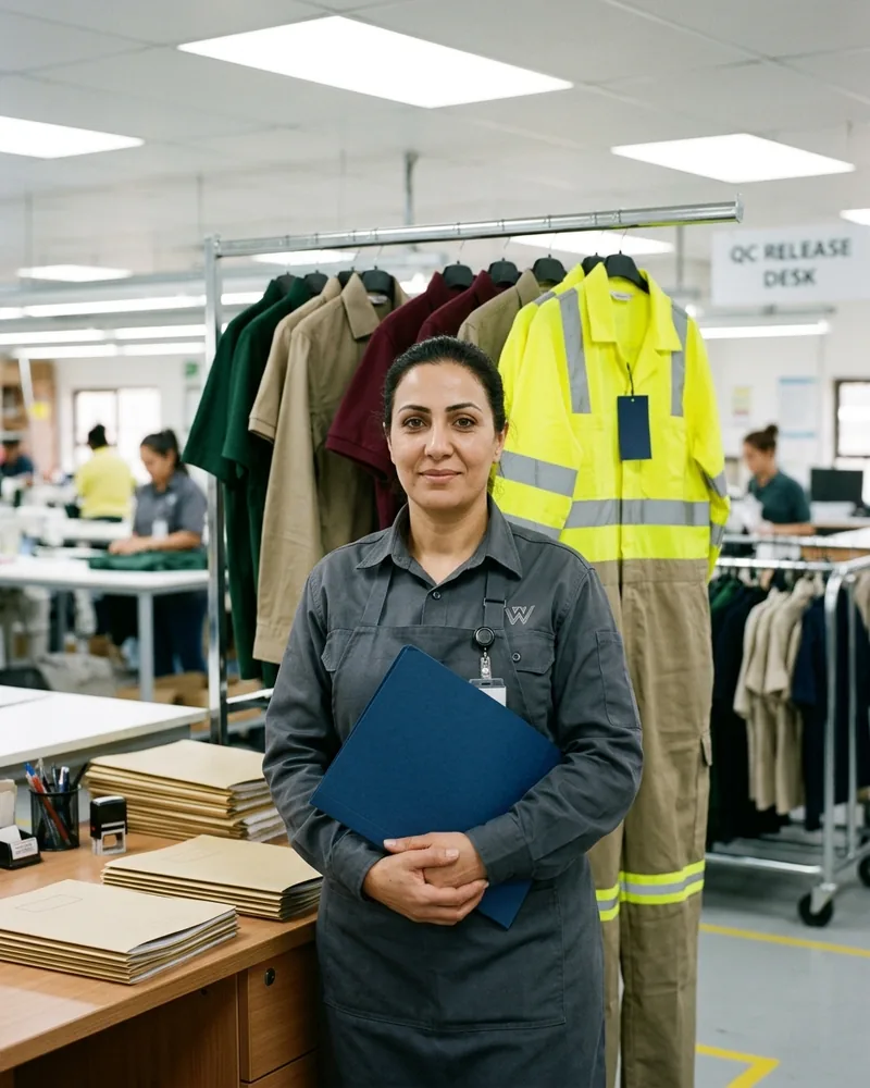 The QC manager at the release desk holding a report folder, approved samples hanging behind