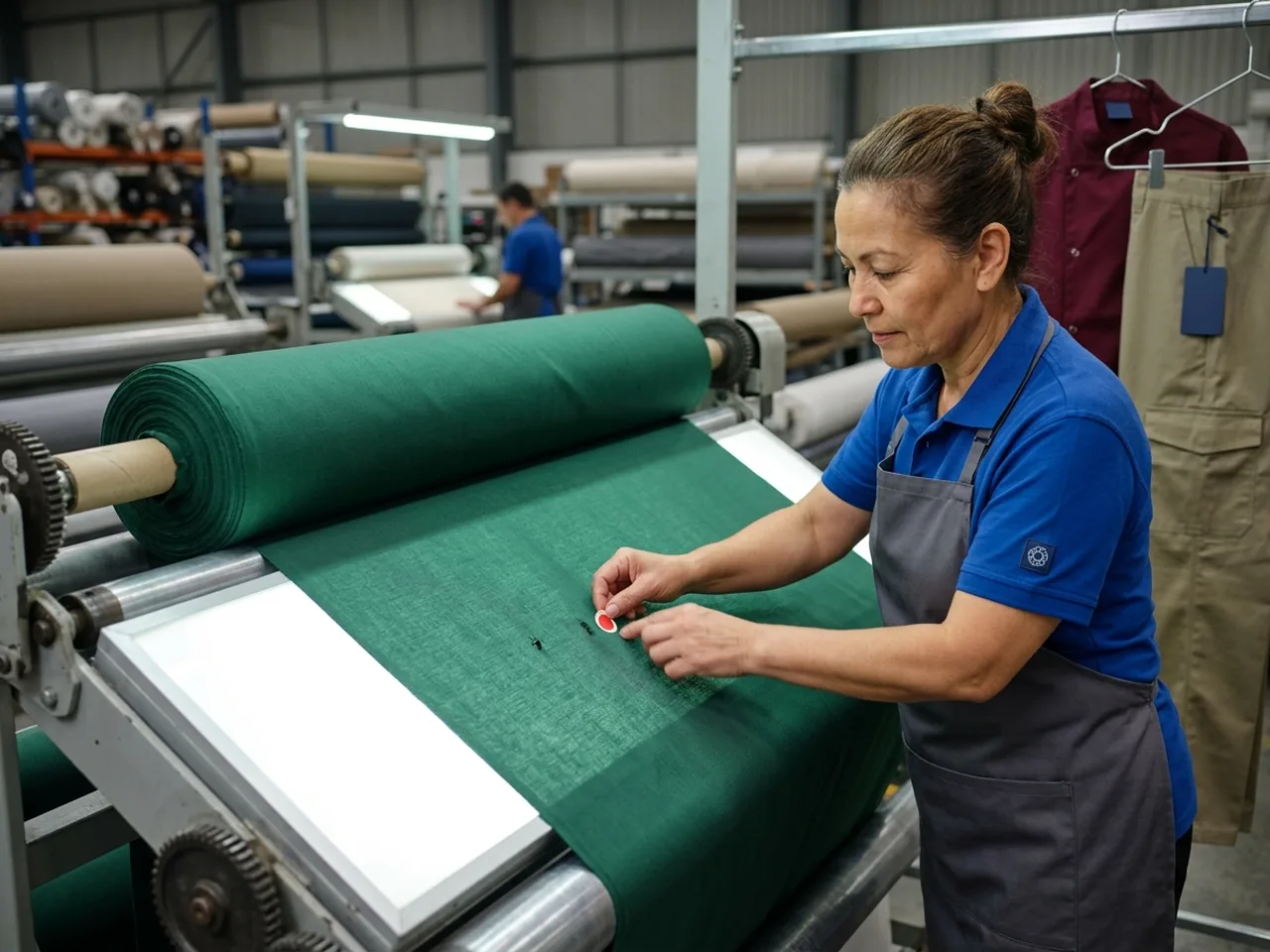 A fabric roll running over a lit inspection frame while an inspector marks a fault with a small sticker
