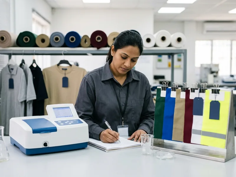 A lab technician recording readings beside a spectrophotometer and a row of fabric swatches