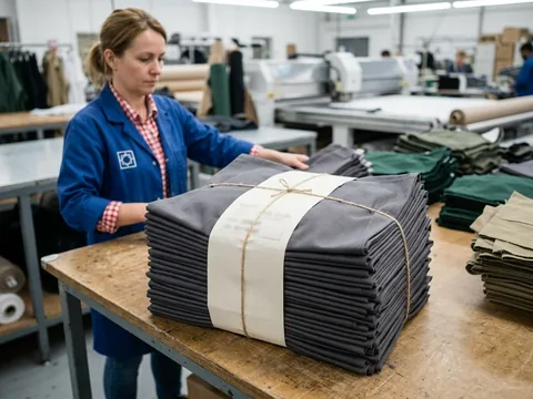 A stack of cut panels tied with a bundle ticket