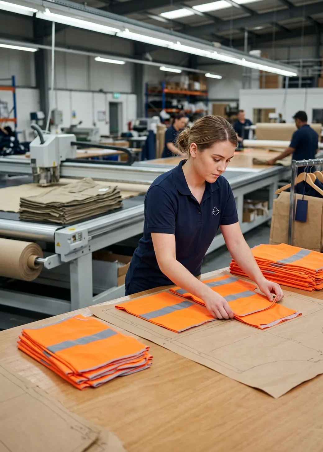 Cutting-room QC laying cut panels on the approved pattern beside an automatic multi-ply cutting table