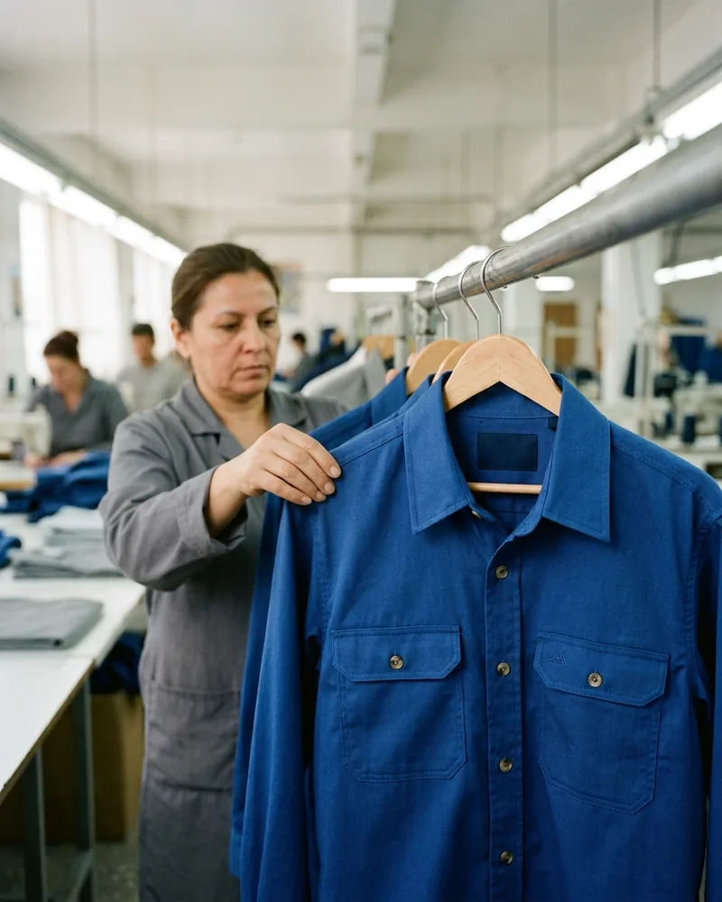 The first finished shirt off a line, on a hanger with a plain navy tag