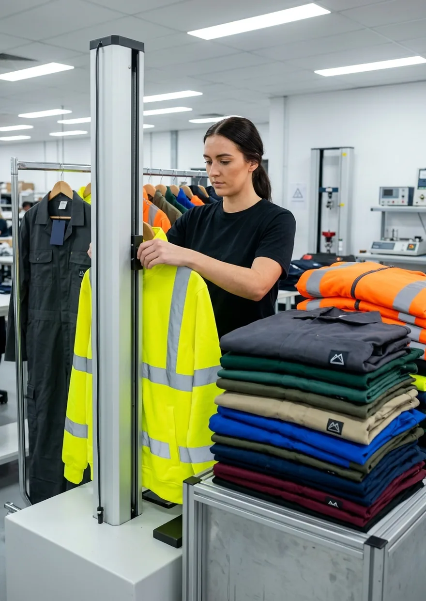 An end-of-line checker running the zipper of a hi-vis jacket, a stack of garments waiting beside her