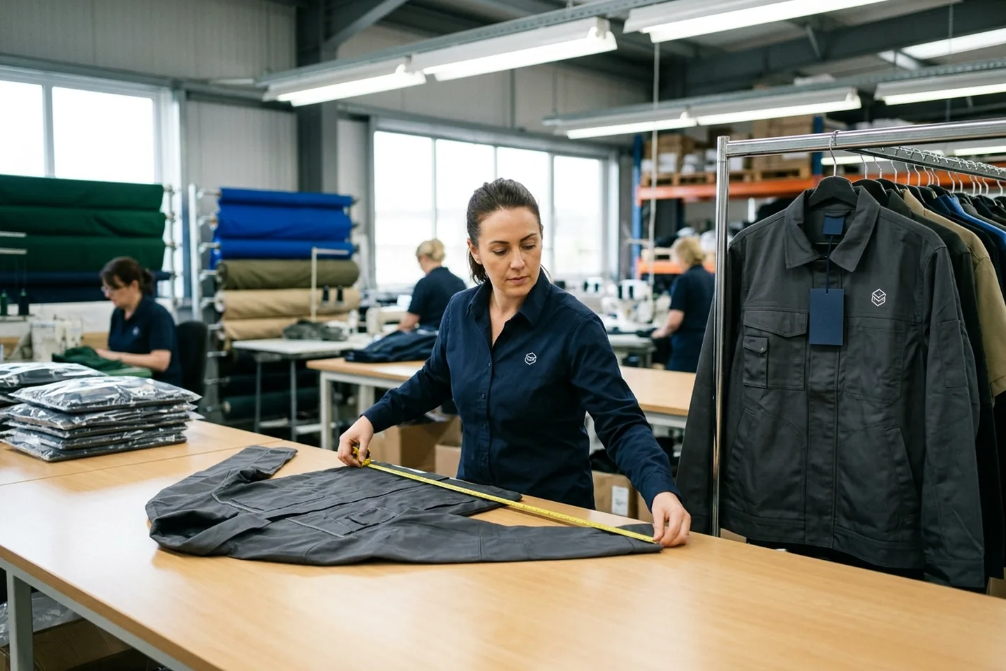 A final inspector measuring a work jacket on a long table, the approved sample hanging beside her