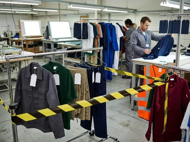 Tagged garments on a rack inside a taped-off quarantine area
