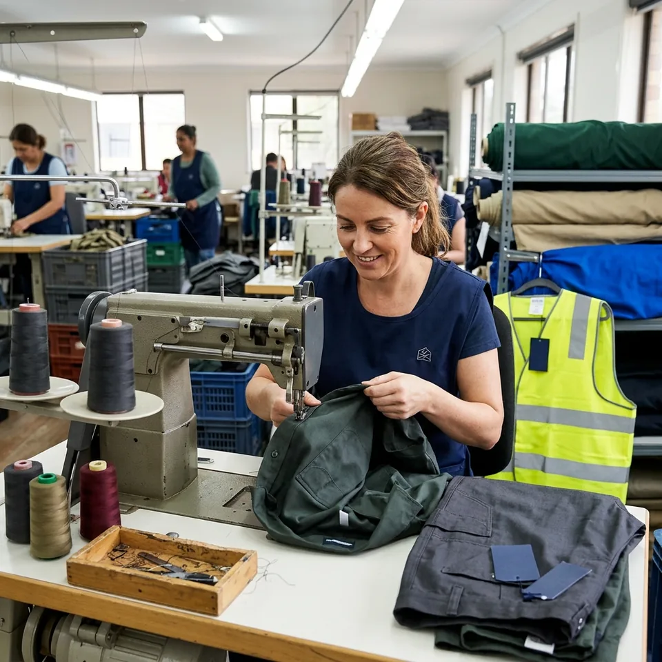 An operator re-sewing an open seam on a held garment