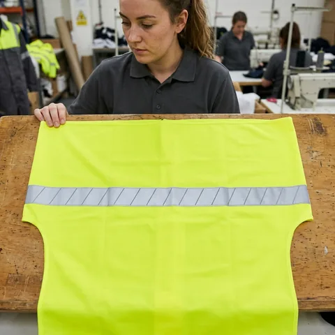 A full run of segmented reflective tape across a fluorescent vest