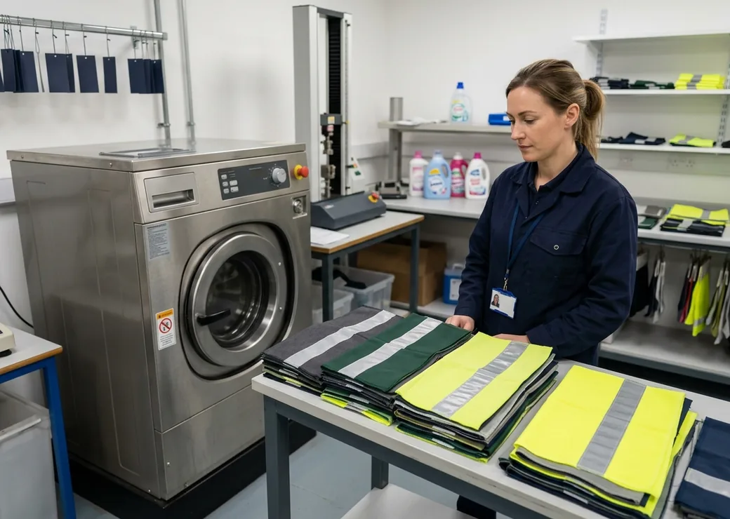 A test-room washing machine with a stack of fabric pieces carrying reflective tape beside it