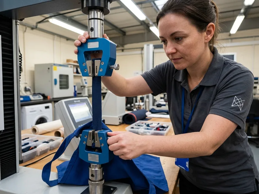An apron strap clamped in a pull tester while a technician adjusts the grip