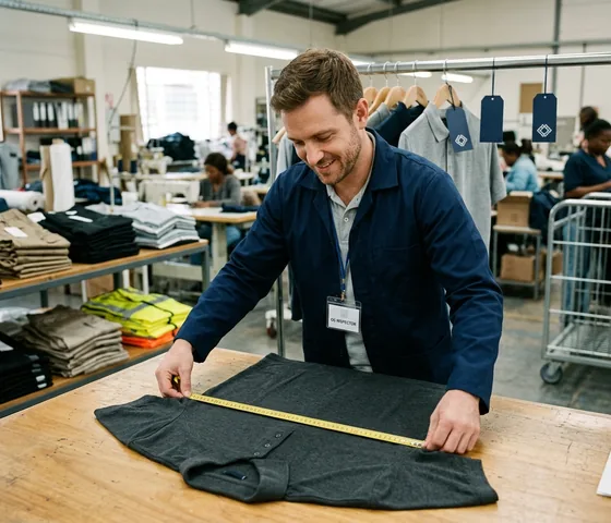 A third-party inspector measuring a polo with a tape measure