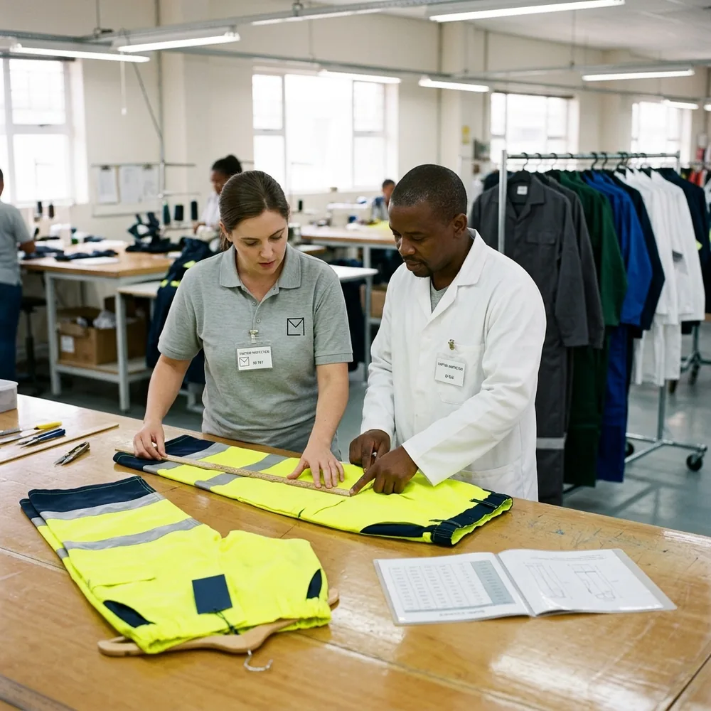 A buyer's QA inspector and our final inspector checking a garment side by side, with the approved sample and size chart on the table